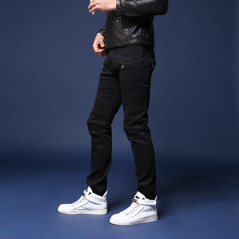 European American Street Style Fashion Men Jeans Black Color Slim Fit Spliced Designer Biker Jeans Men Hip Hop Denim Punk Pants