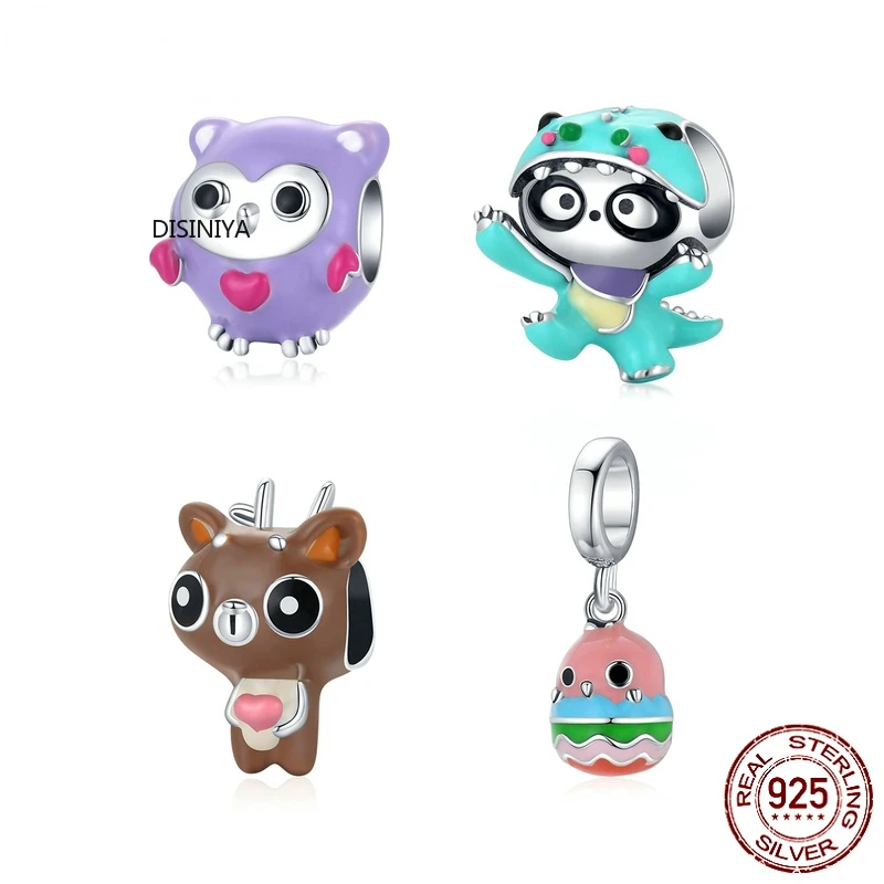 

925 Sterling Silver Cute Enamel Cartoon Charm Purple Fun Owl Bead Panda Deer Bead Rainbow Bird Pendant for Bracelet DIY