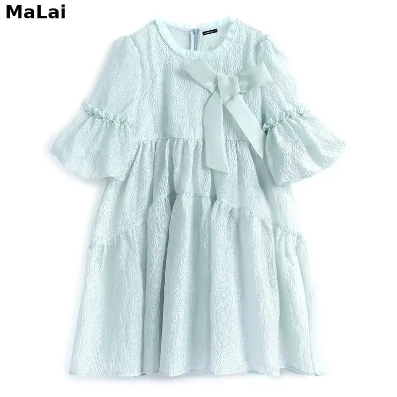 

Fairycore Mini Dress Lantern Sleeve Bow High Waist Loose A-Line Women Summer Round Neck Sweet Solid Color Jacquard Party Dresses