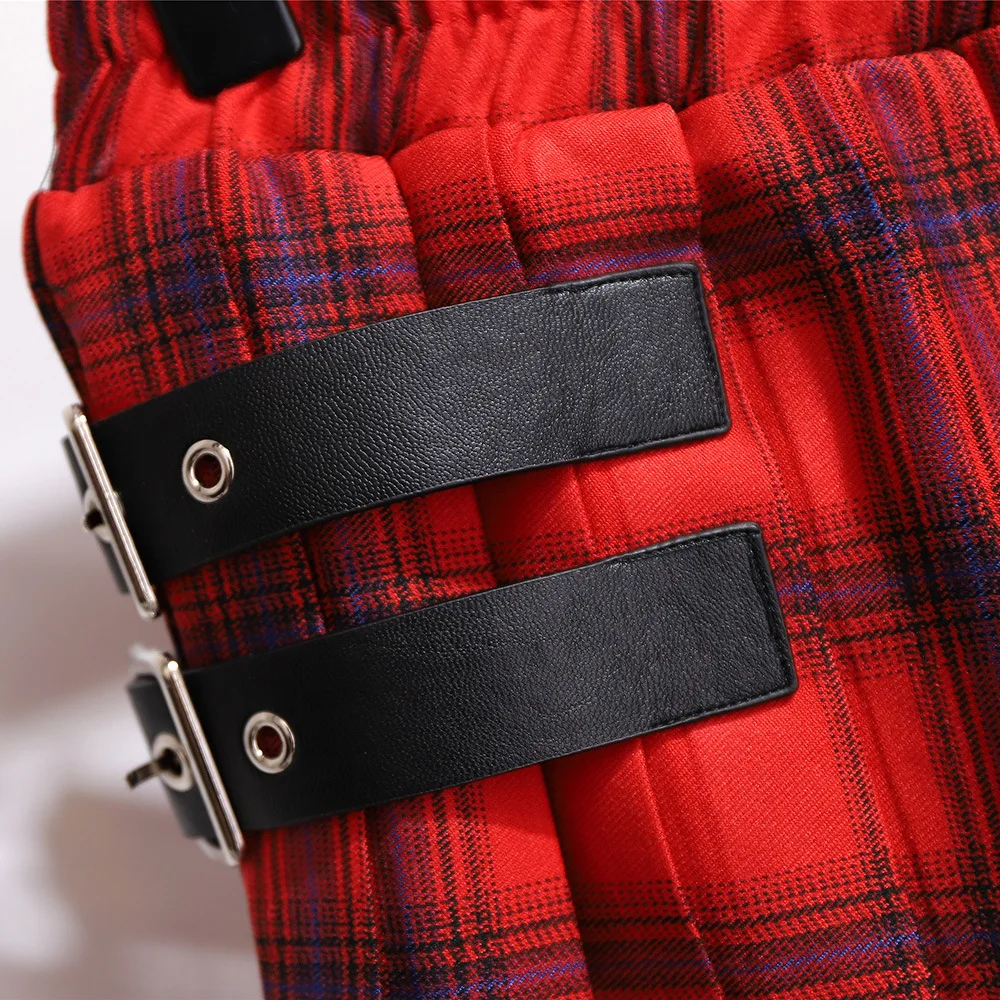 Женская плиссированная мини-юбка в клетку с поясом на резинке |