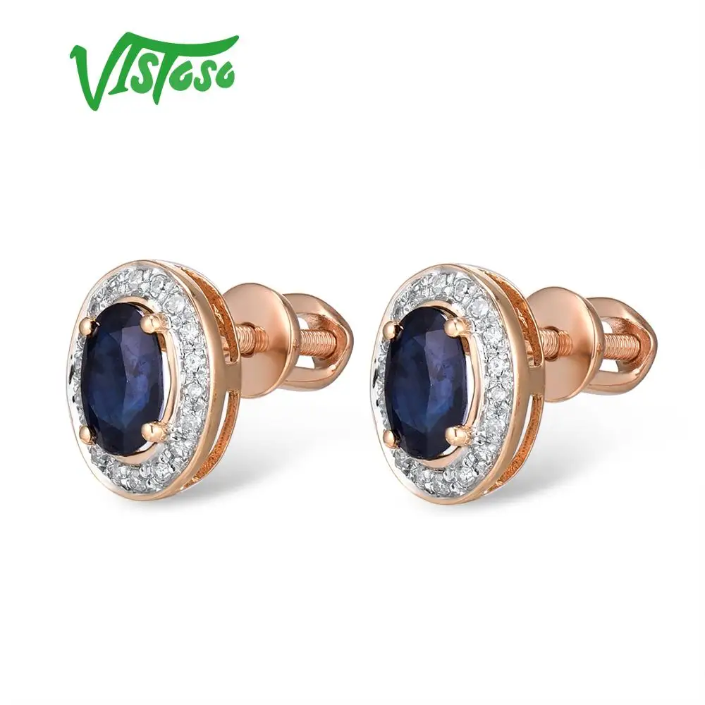VISTOSO Pure 14K 585 роза/серьги из Белого Золота Шпилька для женщин Элегантный синий сапфир сверкающие бриллианты уникальные модные ювелирные изделия