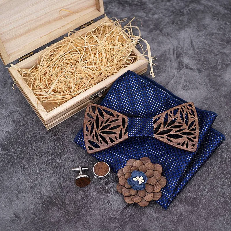 Мужской деревянный галстук-бабочка ручной работы с подходящим карманом и комплектом мужских запонок от AliExpress WW
