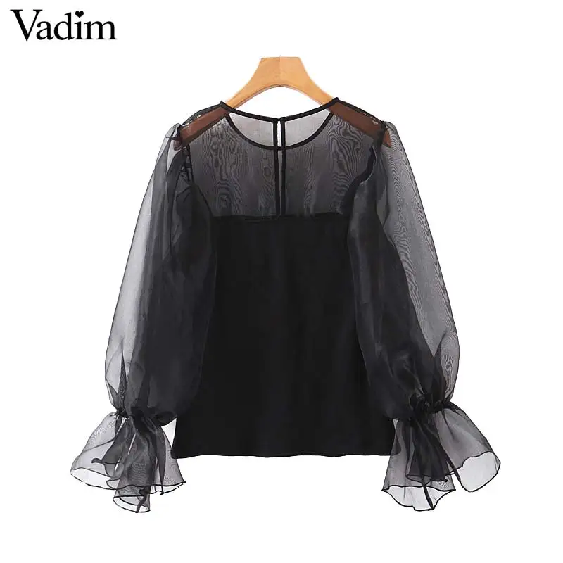 Vadim милый женский черный блуза из органзы с круглым вырезом длинными рукавами