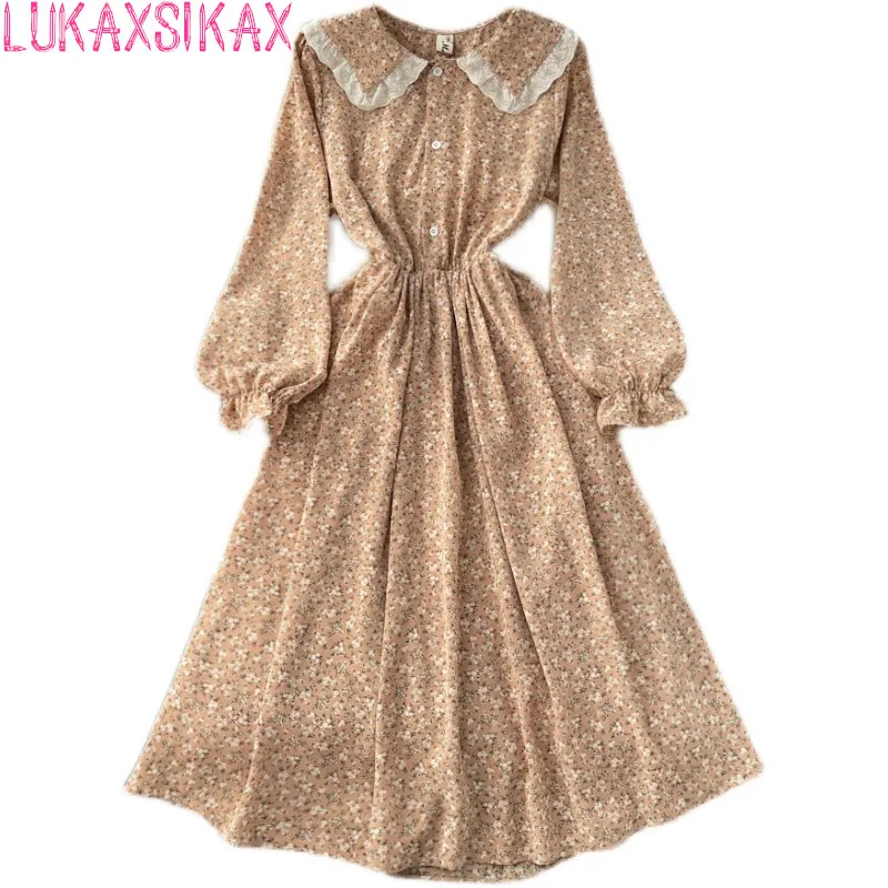 

Новинка сезона весна-осень 2022, женское облегающее платье LUKAXSIKAX с круглым воротником и длинным рукавом, милое кружевное лоскутное Цветочное ...