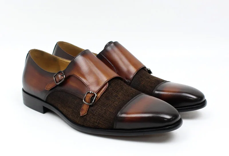 DANIEL WAFER Brand Designer Monk Strap Mens Dress Shoes Genuine Leather With Denim Black Brown Wedding Party Dress Shoes Men