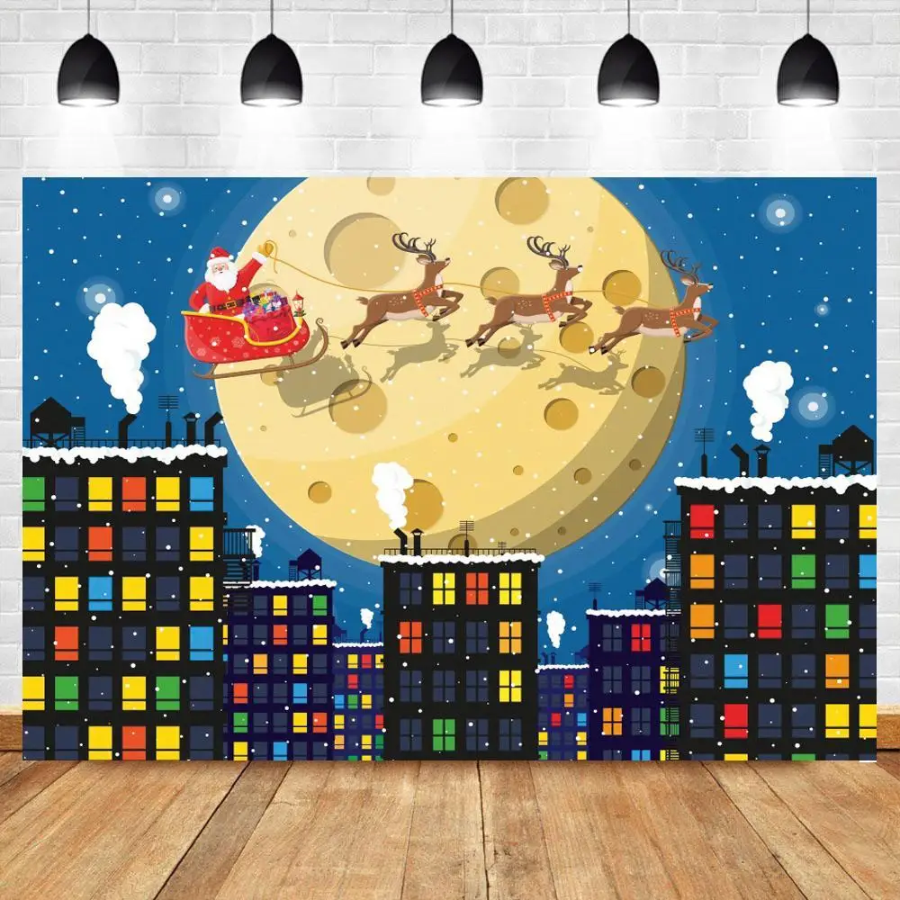 

Christmas Party Backdrop For Photography Reindeer Night Sky Buildings Background Photocall Cartoon Winter Wonderland Backdrops