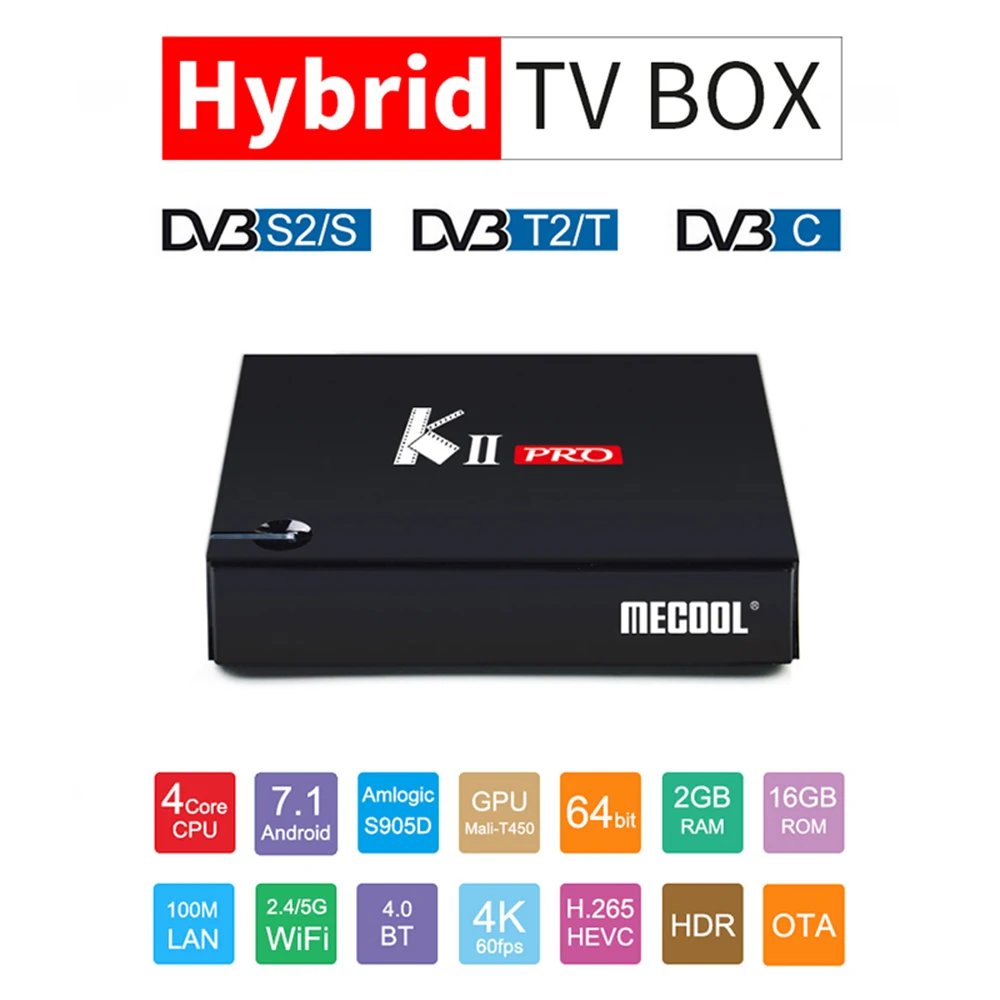 ТВ приставка MECOOL KII PRO Android 7 1 DVB S2 K2 Amlogic S905D четырехъядерный 2G16G 4K Cline NEWCAMD 2 4/5 ГГц