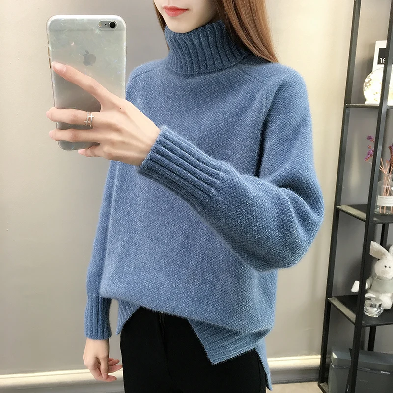 

2020 High necked sweater women's new loose fitting Pullover imitation mink Plush heavy bottomed knitwear Korean women's wear