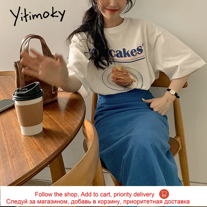 

Yitimoky Simple Woman Tshirts O-Neck Short Sleeve Letter Graphic Printing Casual Harajuku Loose Tops Cotton 2021 Summer Fashion