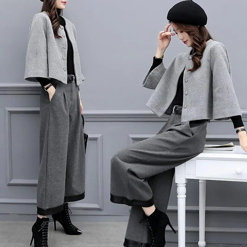 

New Women's Autumn and Winter Plus Size Two-piece Trousers Woolen Short Coat Wide-leg Pants Casual Fashion Suit Female Trend
