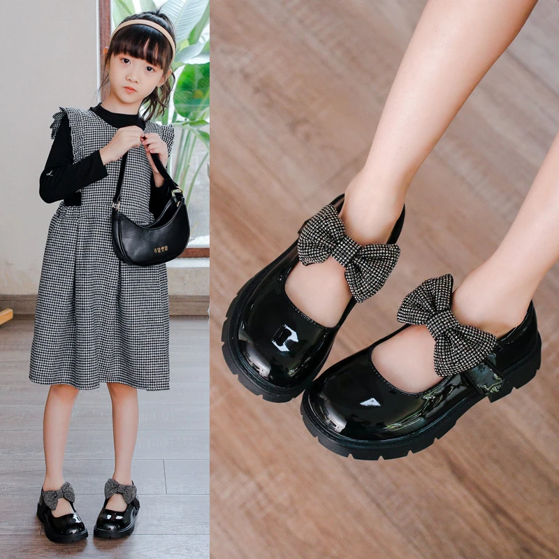 

New Children Leather Shoes Girls Princess Dress Bow Black Baby Toddler Moccasins Performance Dance Kids Flats Breathable 03A