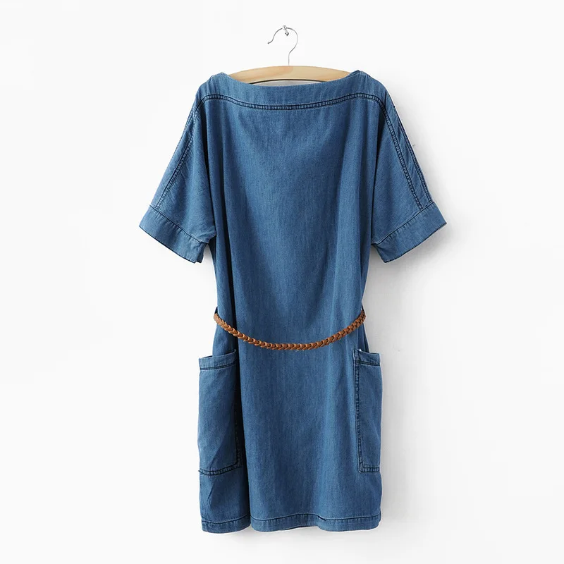 Женское джинсовое платье повседневное Однотонное голубое мини туника из денима