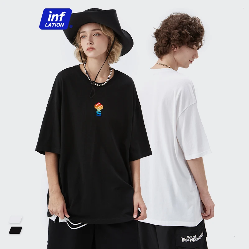 

INFLATION 2022 Mens Casual T-shirts Men Hip Hop Streetwear T Shirt Letter Embroidered Tshirt Harajuku Cotton Tees in White