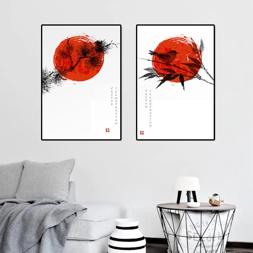 Картина с красными ветками дерева листьями птицами холст Постер и печать