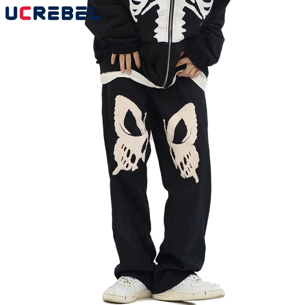 Butterfly Embroidery Wide Leg Pants Mens Streetwear Loose Straight-leg Pants Casual Pants Trousers Men