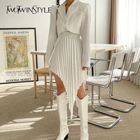 twotwinstyle elegant white set for women notched collar long sleeve short blazer pleated irregular skirt female sets 2021 tide