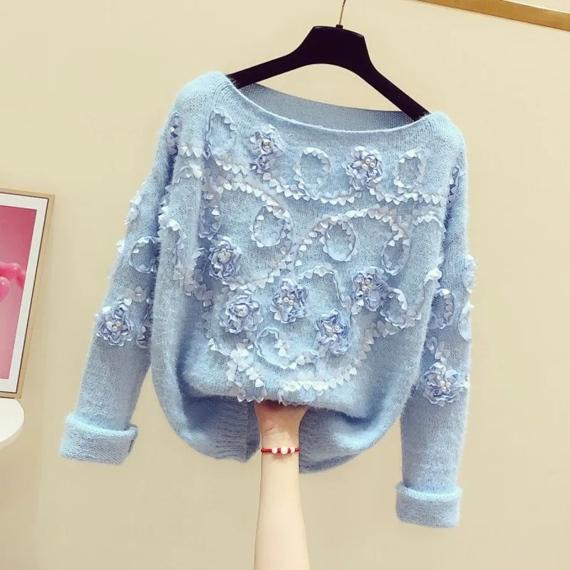 

Женский трикотажный пуловер с круглым вырезом, голубой свитер с длинным рукавом и цветочным принтом, свободного покроя, ручная работа, Осен...