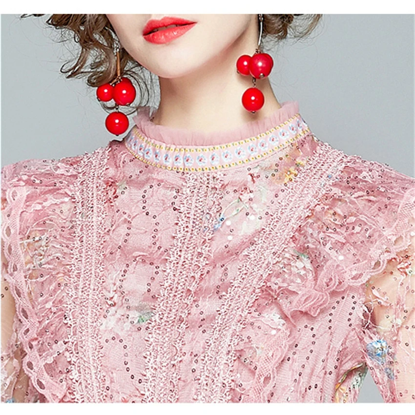 

2021 Spring Autumn Dress Women Long Sleeve Sequined Elegant Pink Lace Dress Mini European Fashion Office Dresses Vestidos Mujer