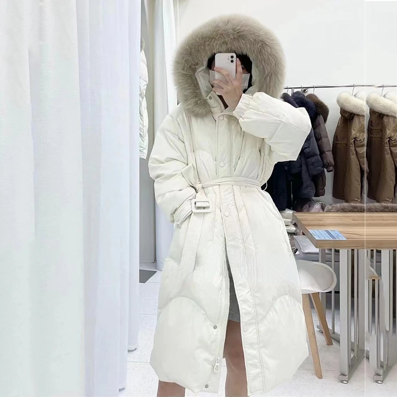 

2021 New Winter Jacket Women 90% White Duck Down Coat Really Natural Fox Fur Collar Hoodes Warm X-Long Outerwear Streetwear
