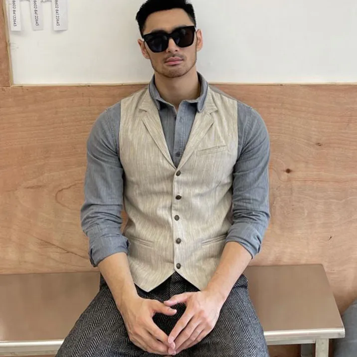 Весенне летний новый мужской жилет из пенькового хлопка с отворотом Мужской