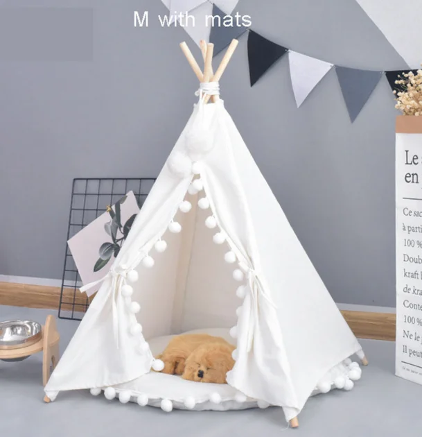 white tent with mats Pet House Cute dog tent outside tent House Kennels Washable Tent Puppy Cat Indoor Outdoor Portable Teepee Mat 2 Styles - Color: white tent with mats