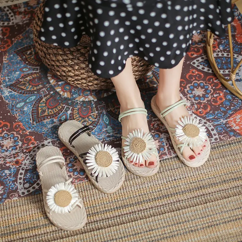 

Flat Shoes Female Woman's Slippers Luxury Slides Flower 2021 Designer Beach Summer Rome Basic Fashion PU Scandals Floral