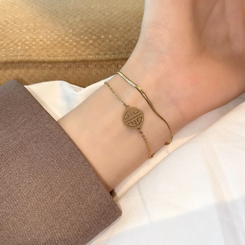 

New double-layer Chinese element golden bracelet simple lady girl retro style charm bracelet trendy lady hand jewelry gift