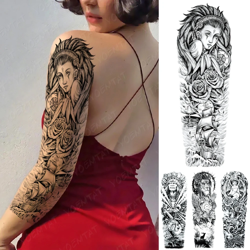 

Full Arm Tatto Rose Angel Sailing Lion Deer Clock Waterproof Temporary Tattoo Stickers Body Art Flash Fake Tatoo Women Men