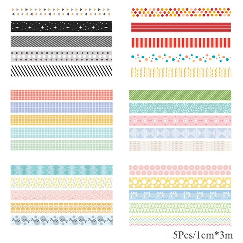 5Pcs/Set Grid Washi Tape Kawaii Decorative Adhesive Tape Thin Striped Masking Tape For Stickers Scrapbooking DIY Stationery Tape