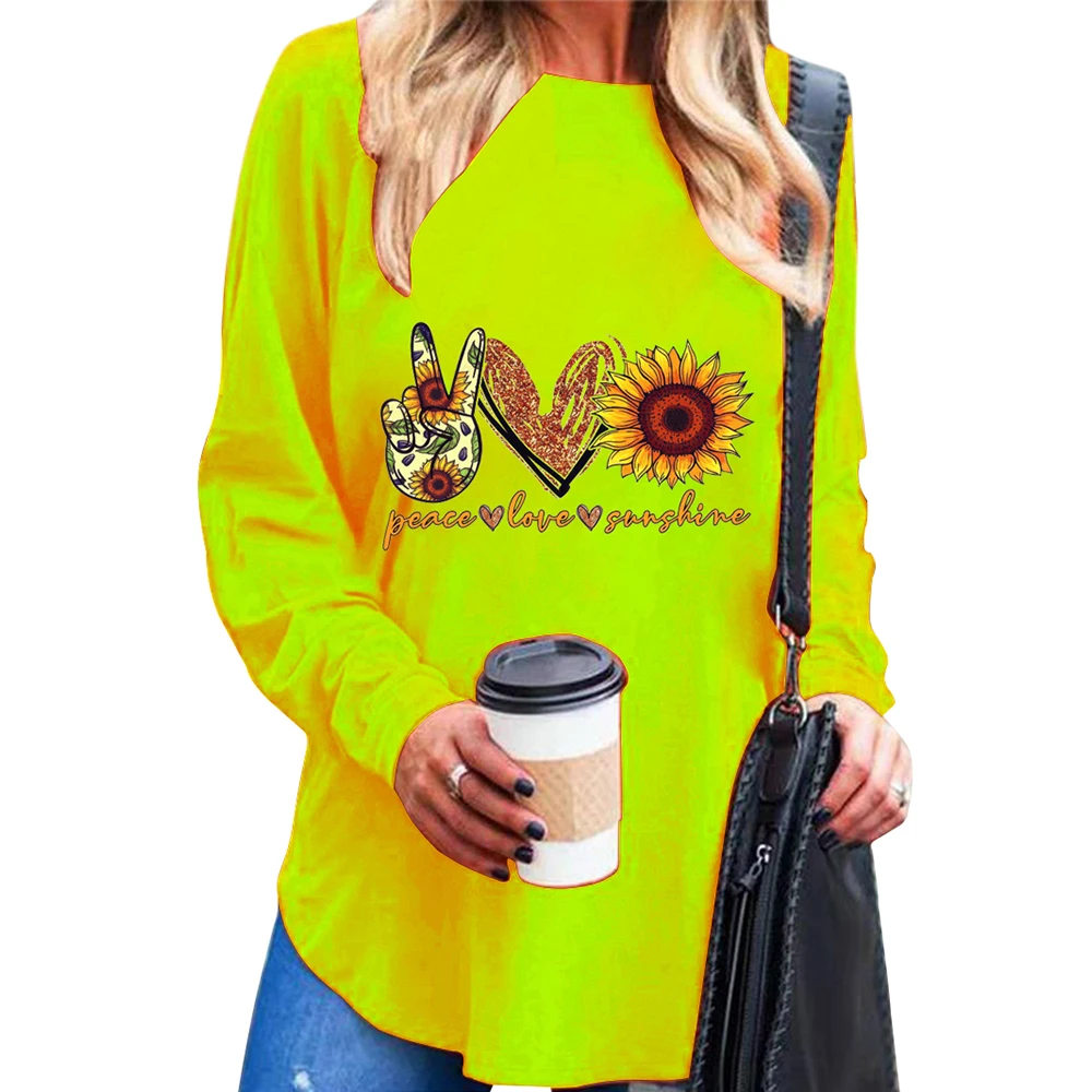 

Finger-Sunflower-Print Women T-Shirts Full Sleeve Round Neck Irregular Top Shirts Large Size Casual Soft Ladies Clothings