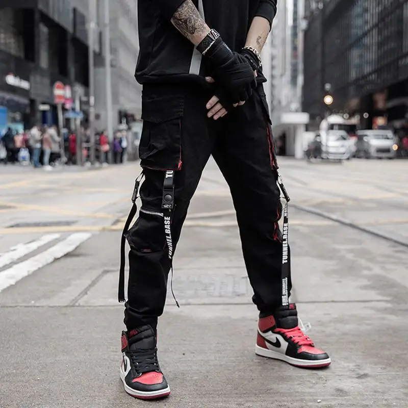 

Men Hip Hop Black Cargo Pants Joggers Sweatpants Overalls Men Ribbons Streetwear Harem Pants Women Fashions Trousers