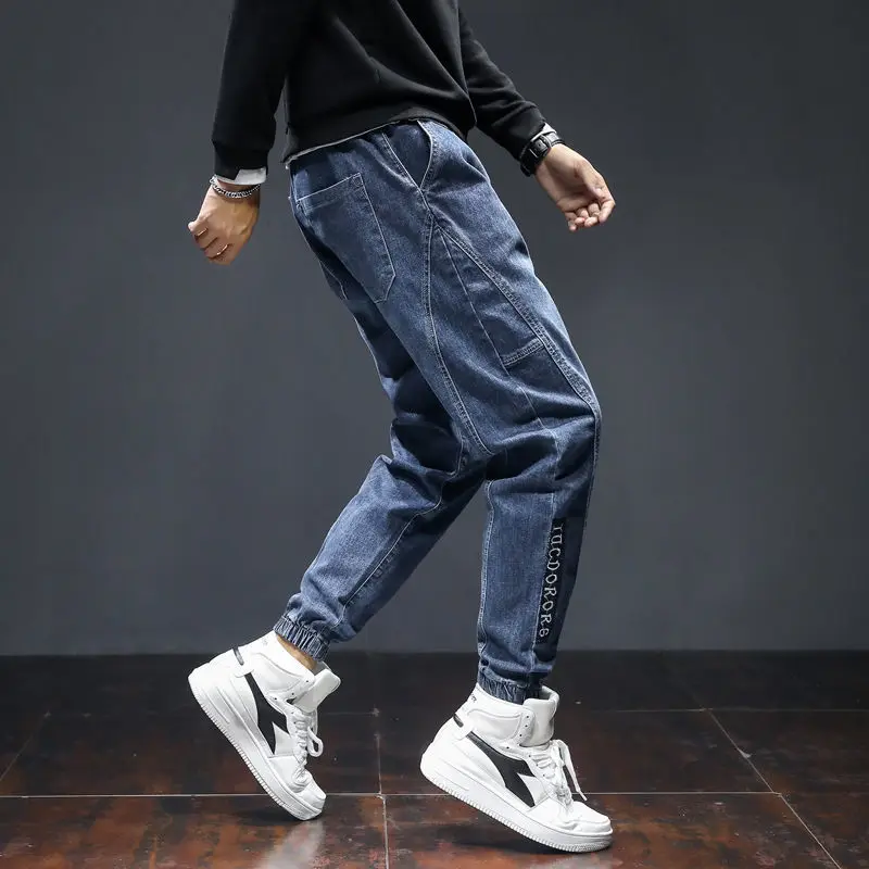 Men's Cotton Harem Pants Loose Patchwork Jeans Straight Elastic Waist Hip Hop Trousers Oversized Cargo Pants Men Denim Jeans 5xl