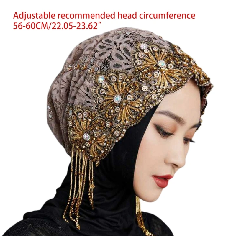 

Lace Beanies Islamic Cover Breathable Bonnet Cap Lightweight Stretchy Head Wrap for Women Elastic Beaded Headwear Beaded