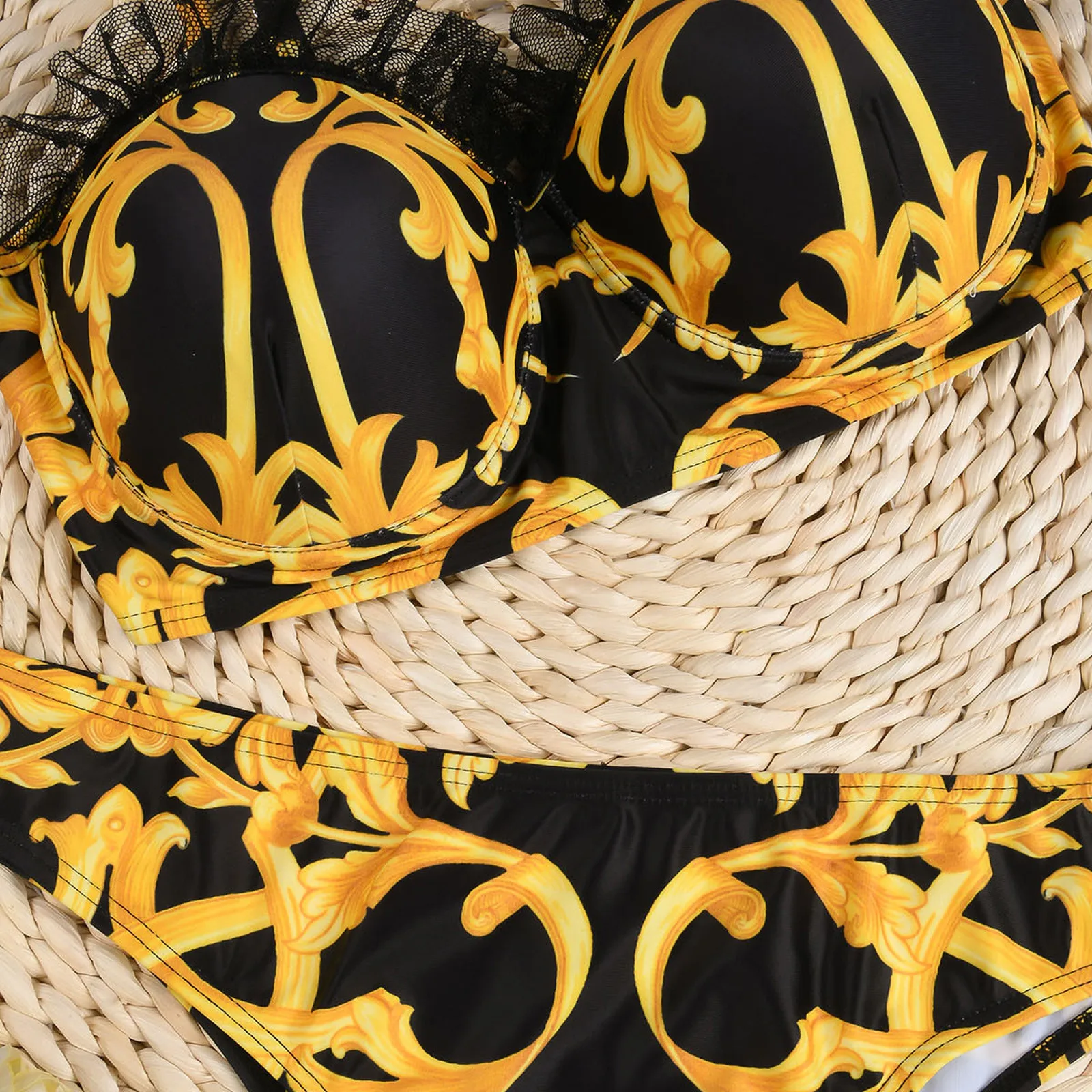 

2pcs Women Swimsuits Bikini Set Push-Up Padded Top Mid Waist Lace Print Backless Bandage Thong Swimwear Sexy Beachwear 2021