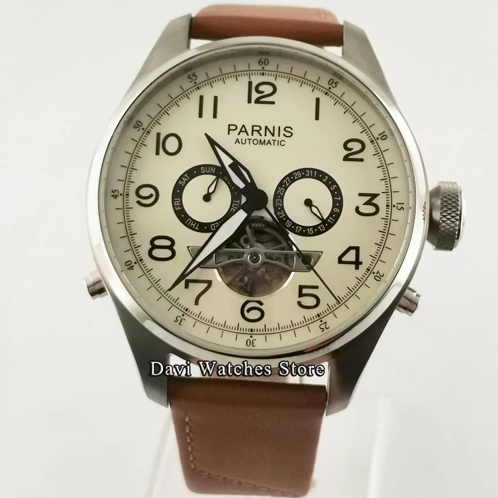 Мужские часы с календарём и недели Parnis оранжевые коричневым ремешком диаметром 48