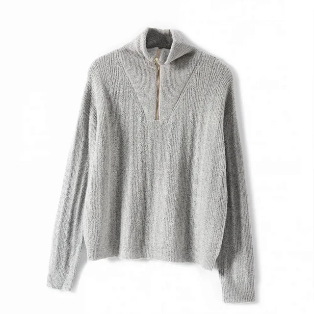 

Women Zipper Wool Sweater Autumn Winter Simple Loose Long Sleeve Female Pullover