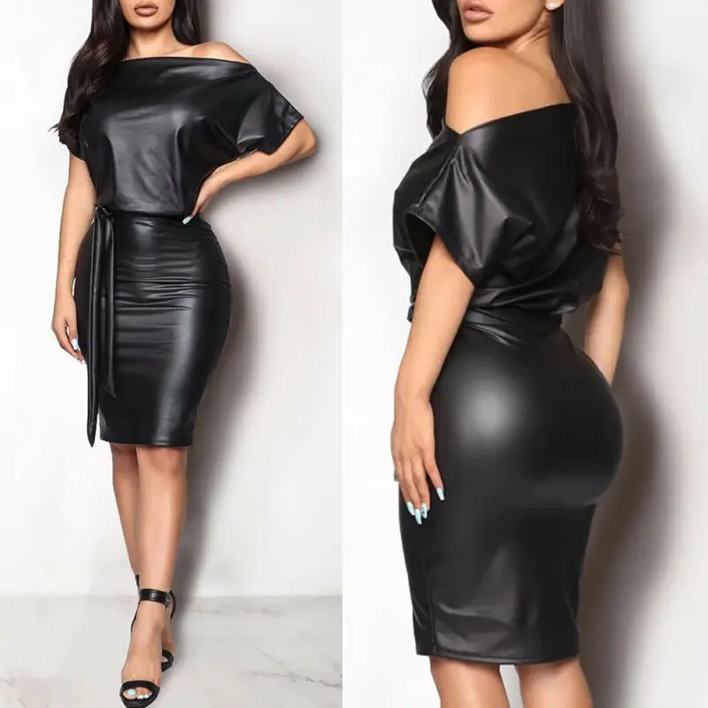 

Black Asymmetrical Sexy Faux Leather Bodycon Dress Women 2019 Summer Long Sleeve Knee Length Pencil Dresses