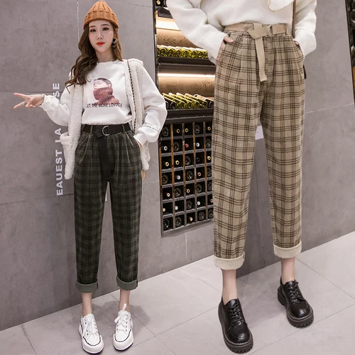 Модные 2019 клетчатые свободные брюки повседневные короткие вельветовые женские
