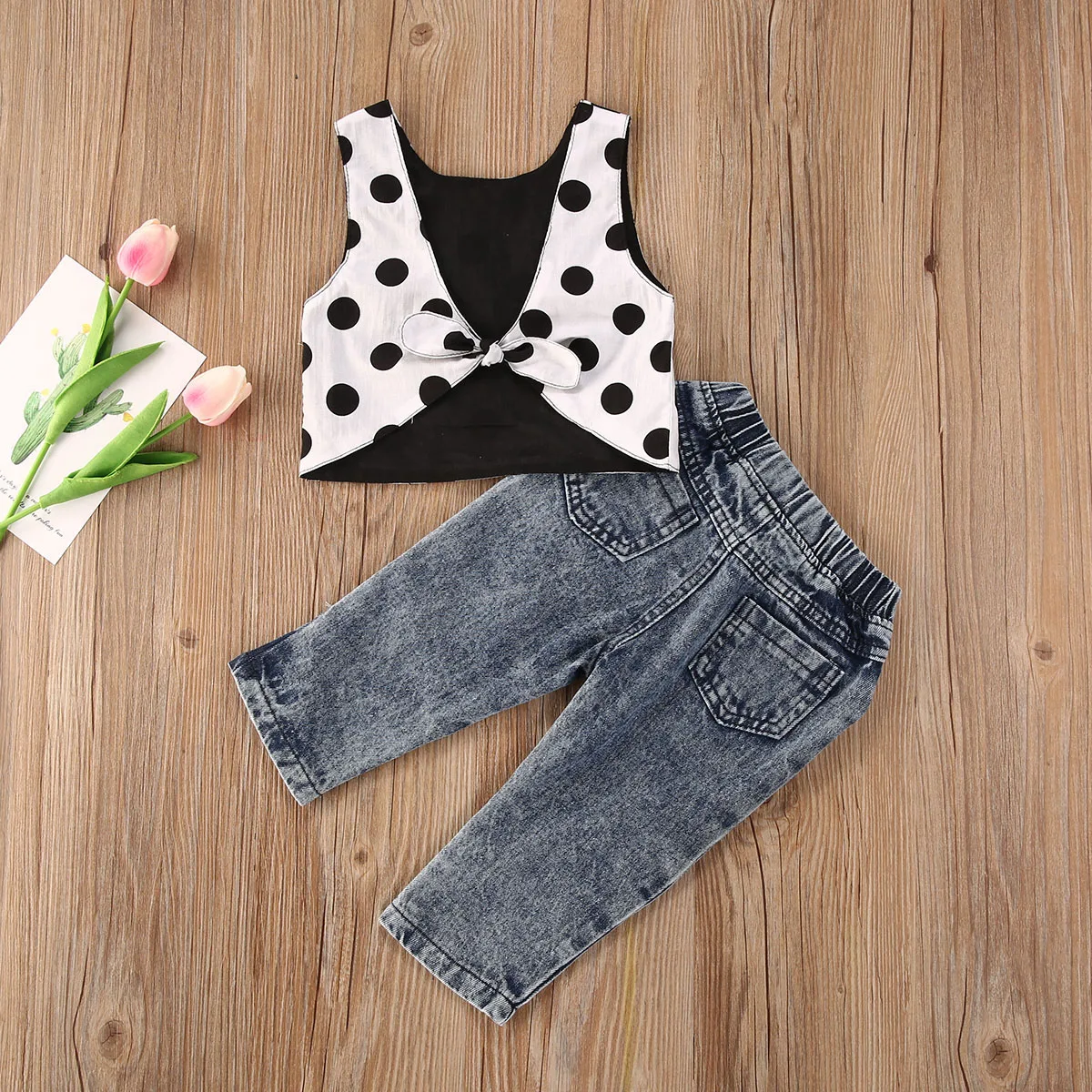 2020 Baby Summer Clothing Girl 2PCS Outfit Set Polka Dot Sleeveless Back Bow Top Solid Color Ruffle Short Pants Long Hollow Jean | Детская