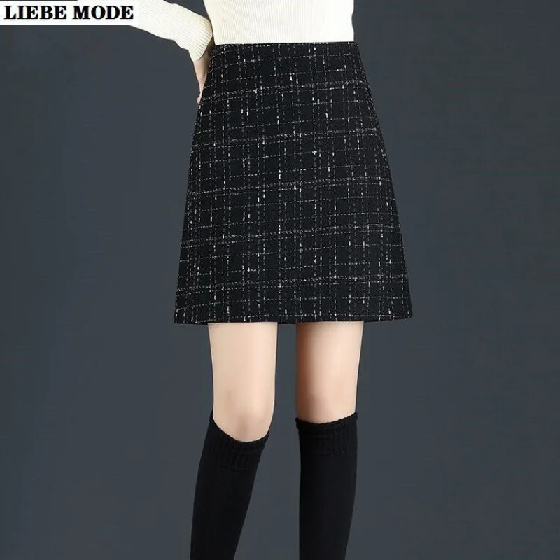 

Женская твидовая юбка с завышенной талией, повседневная короткая трапециевидная юбка в клетку, черная юбка в Корейском стиле, Осень-зима