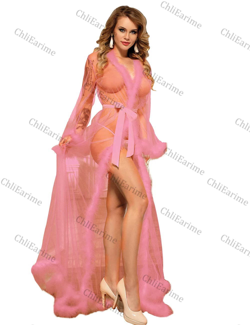 Women's Feather Lace Robe Long Lace Dress Tulle Mesh Slip