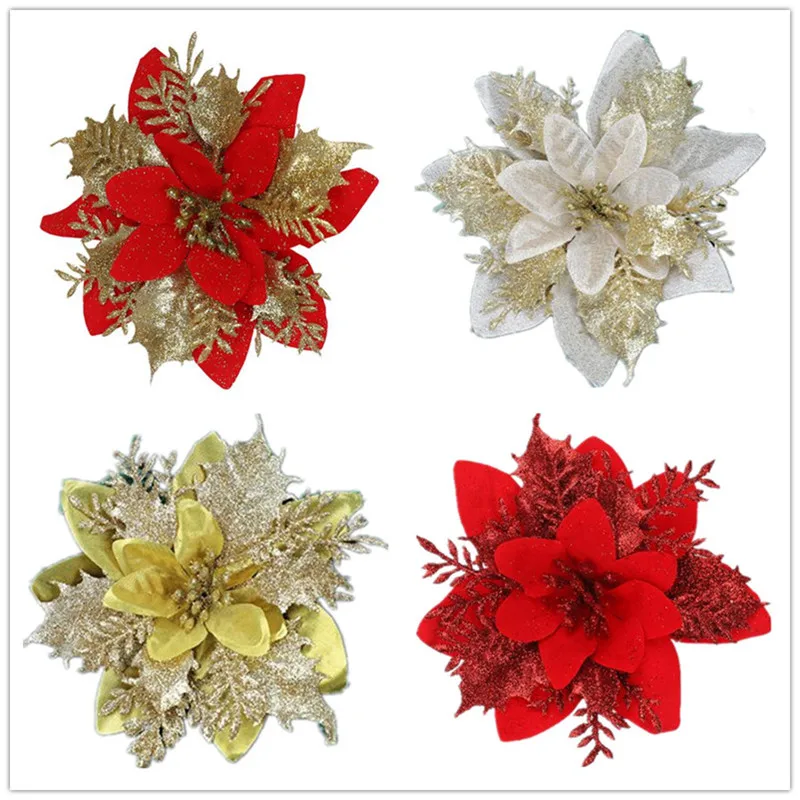 

20pcs Silk Poinsettia Flower Heads with Powder 5.5" for Christmas Tree Decoration Flowers