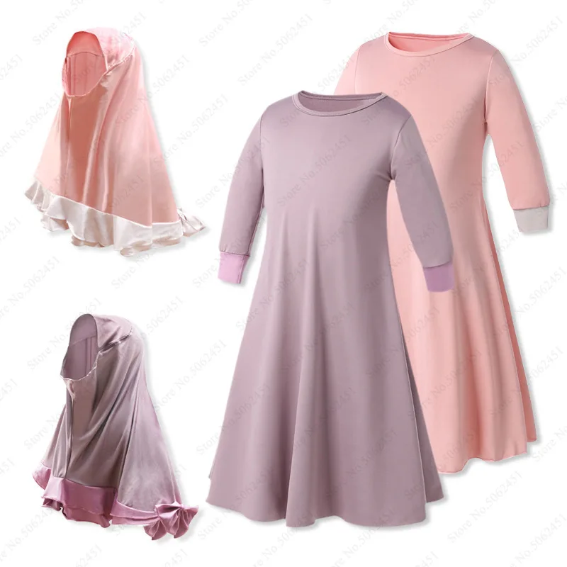 Kids Girls Abaya Muslim Dress Children Kaftan Robes Turkey Ramadan Dubai Hijab Caftan Marocain Scarf Islamic Clothing Headpiece |