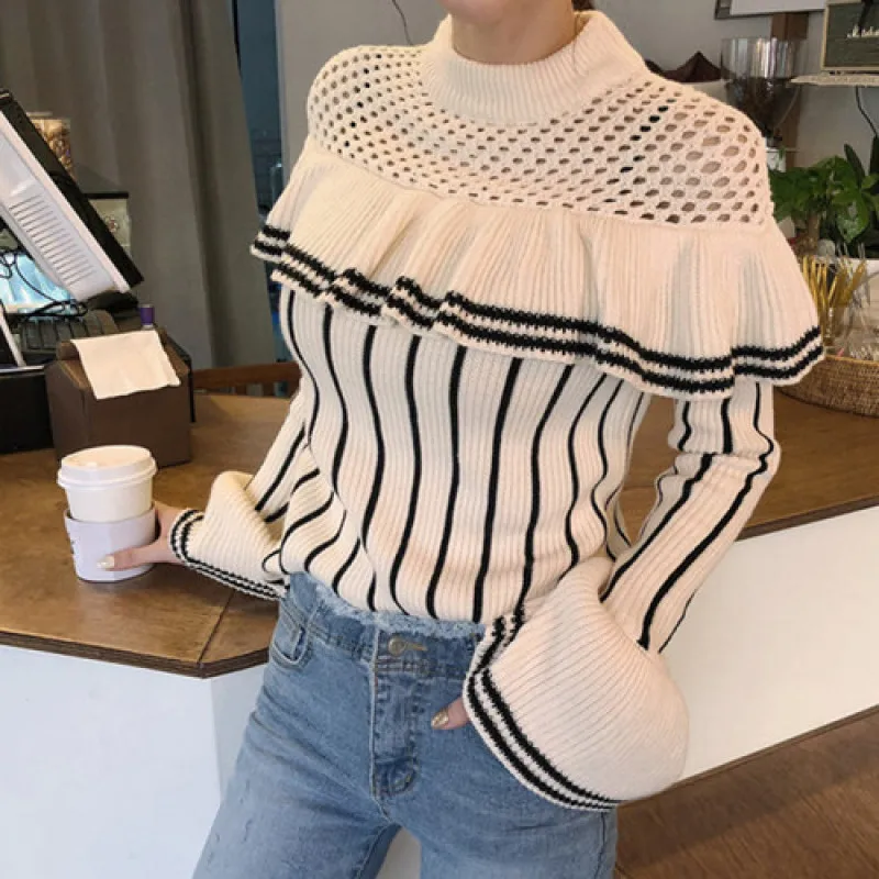 

YAMDI korean striped sweater women clothes female woman autumn winter ruffle jumper o neck elegant runway pullover flare sleeve