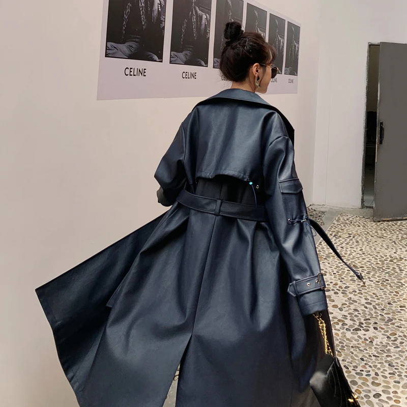 

Fashion Elegant European Style Long PU Leather Trench Coat Women Double-Breasted With Belt Spring Autumn Lady Outerwear