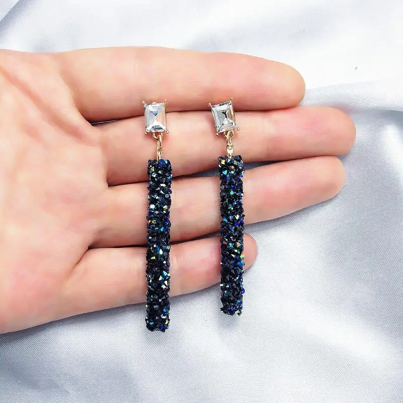 

New Trendy Long Crystal Earrings Fashion Joker Black White Blue Geometric Statement Hot Korean Party Women Jewelry Drop Earrings