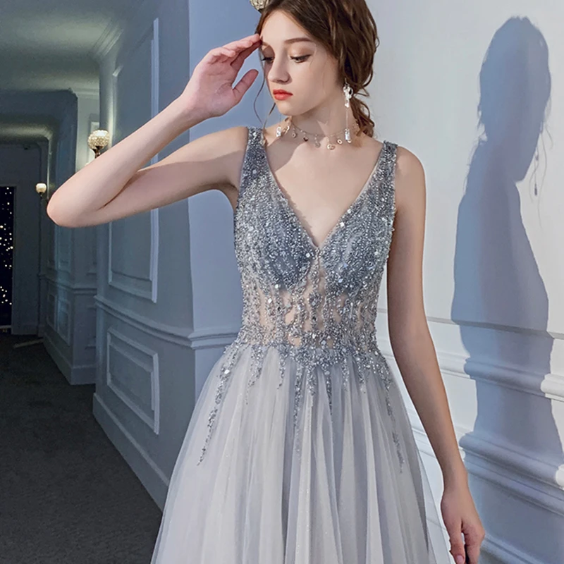 LDR36 Gray 2021 Hepburn Sling Temperament Long Dress Evening Dress Birthday Banquet Women's Gorgeous Party Dress robes de soirée