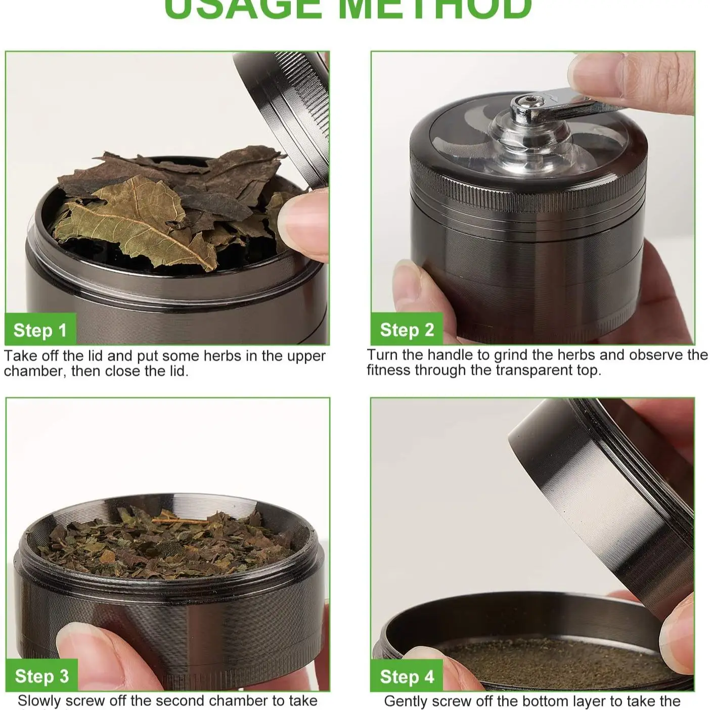 

4-piece Spice Grinder, with pollen catcher, zinc alloy manual grinder, with handle, manual grinder