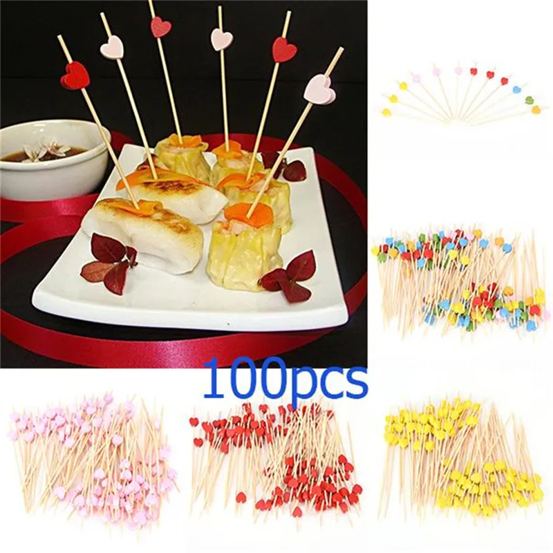 100pcs12cm сердце бамбуковые пищевые палочки буфет фрукт для кекса вилка вечерние торт десерт салат растительные палочки коктейль зубочистка шампур