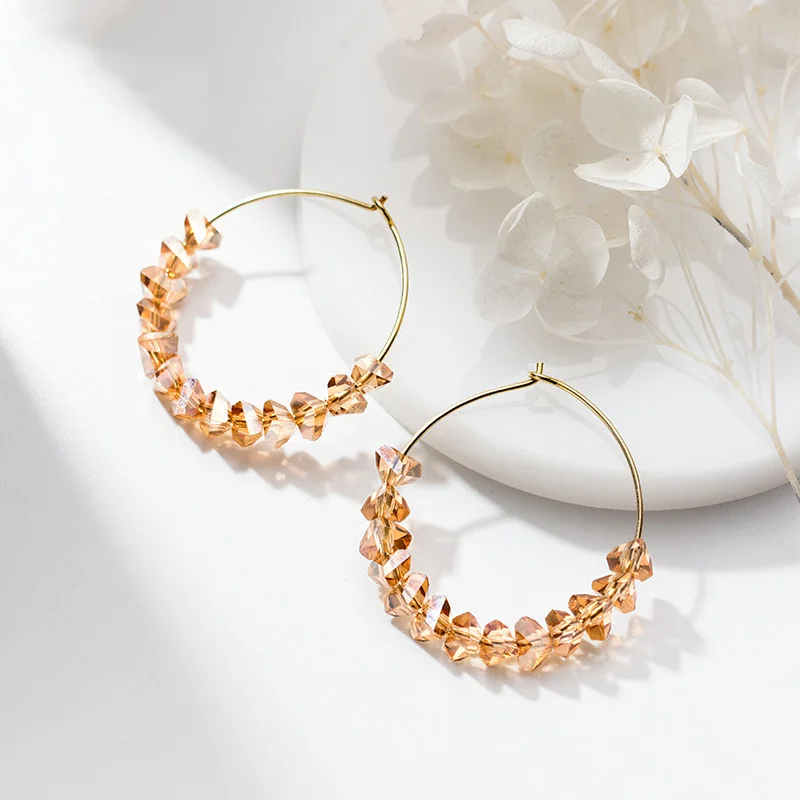 Новый модный с хрустальными бусинами большой круг обруч серьги 925 серебро для